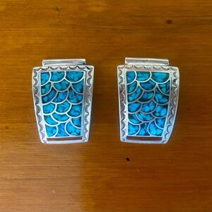Sterling Silver Native American Fish Scale Style Inlay Turquoise Watch Tips